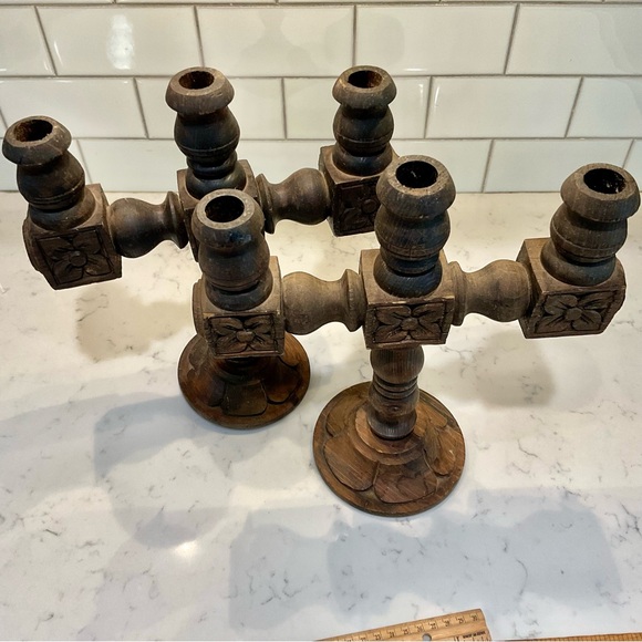 Vintage Pair of Carved Wood Candelabras